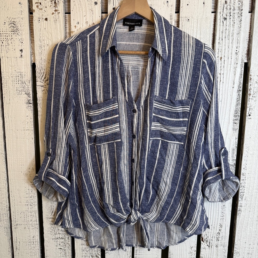 Fortune & Ivy Front Tie Top Blouse - Large -  Blue & White Stripe Rayon ¾ Sleeve